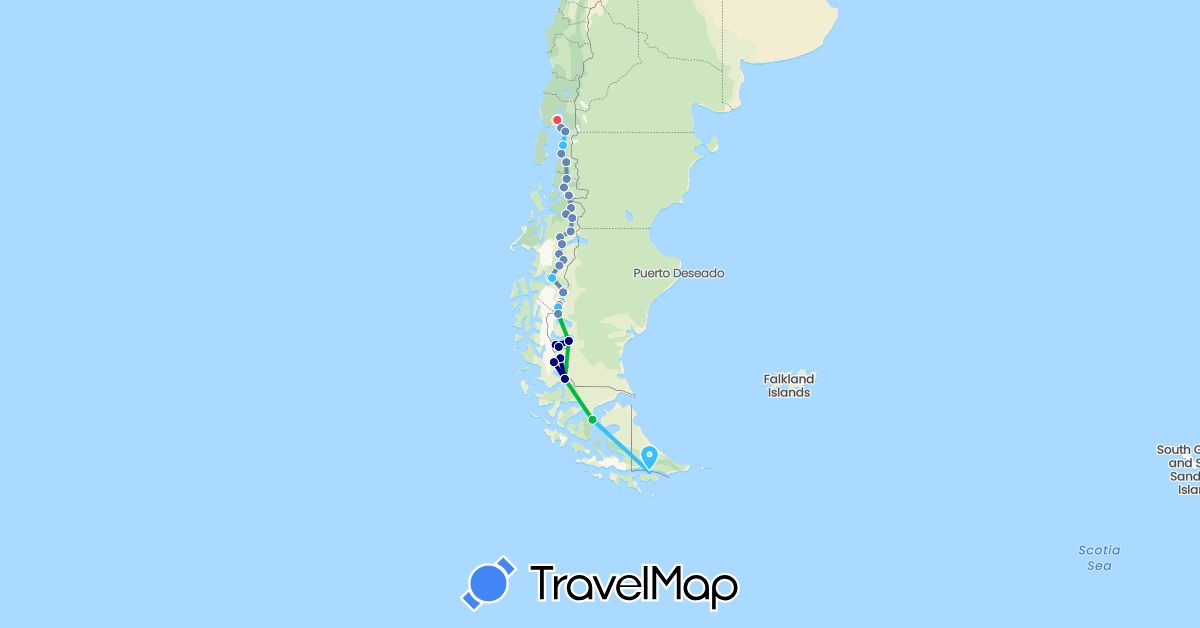 TravelMap itinerary: driving, bus, cycling, hiking, boat in Argentina, Chile (South America)